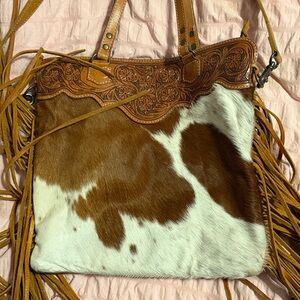 American Darling Tan and White Cowhide Fringe Bag